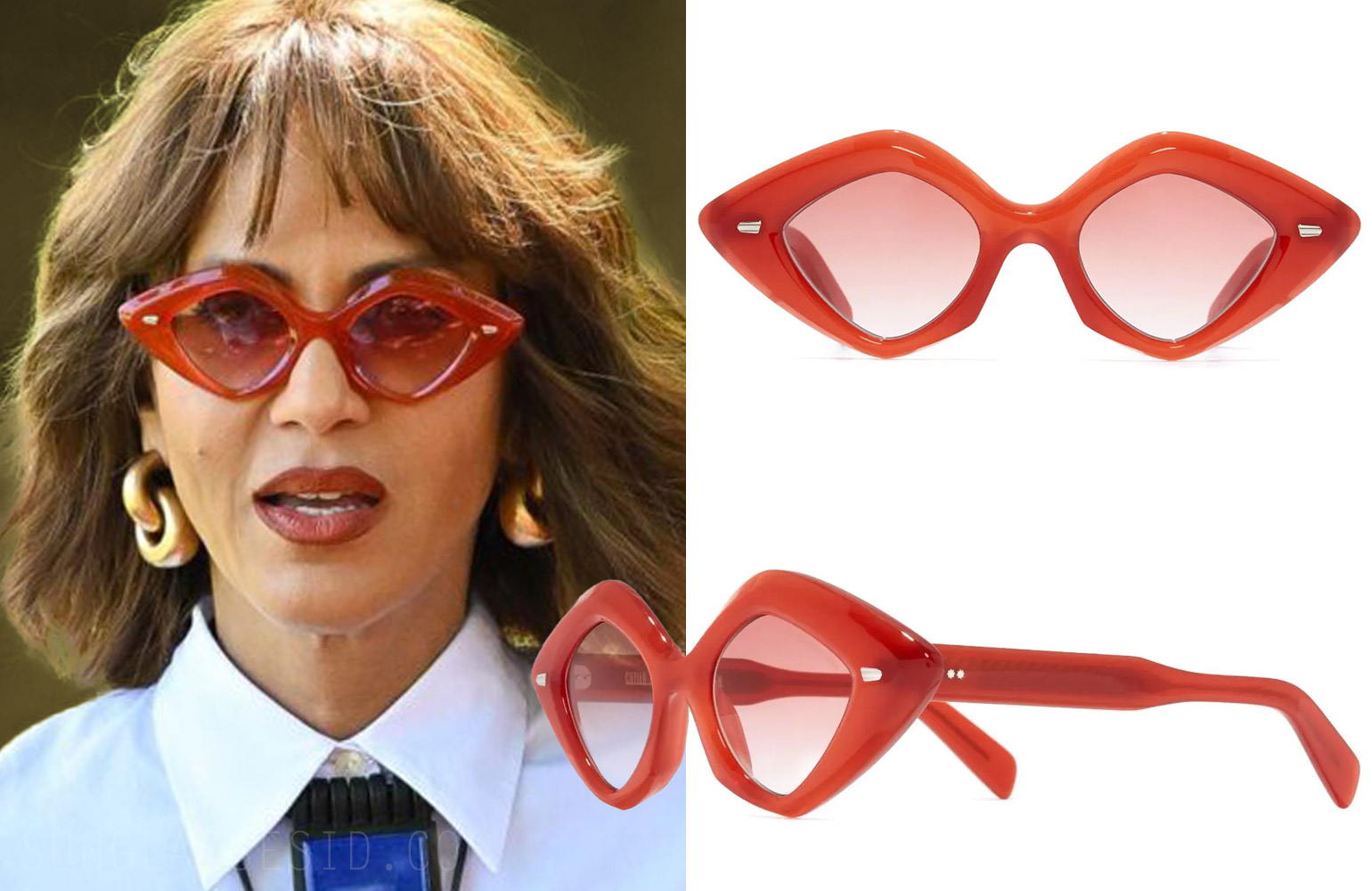 Red angular triangle sunglasses worn by Nicola Ari Parker And Just Like That