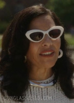Sarita Choudhury wears white oval sunglasses in Episode 1 of Season 3 of And Just Like That.