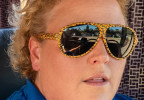Fortune Feimster wears BluBlocker Original Aviator Leopard sunglasses in the series The Hawk.