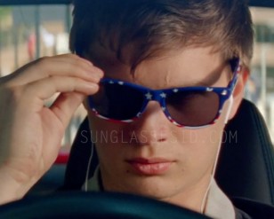 Ansel Elgort wears Blue Stars American USA Flag Wayfarer Sunglasses in Baby Driver.