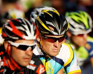 Lance Armstrong wearing Oakley Radar Path Livestrong during a race