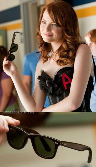 Eamma Stone wears black Ray-Ban 2140 Wayfarer sunglasses in Easy A