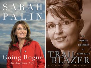 Sarah Palin wearing the glasses on the covers of the books Going Rogue