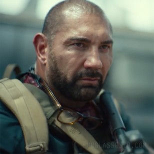 Dave Bautista wears wayfarer style eyeglasses in the 2021 Netflix film Army Of The Dead.