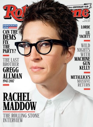 MSNBC presenter Rachel Maddow is wearing Moscot Vilda eyeglasses on the cover of Rolling Stone magazine, issue 1290, June 29, 2017.