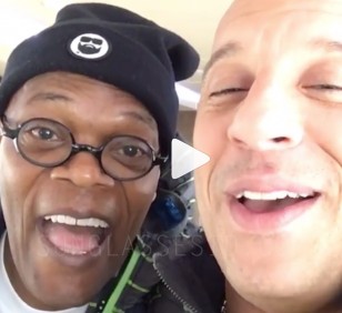 Samuel L. Jackson wearing Old Focals Rounds eyeglasses in a behind the scenes Instagram video with Vin Diesel