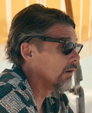 Ethan Hawke wears black Ray-Ban RB2140 Wayfarer sunglasses in the movie Leave The World Behind (2023).