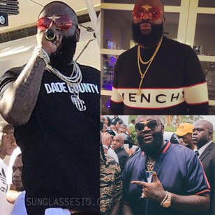 Rick Ross wears Red and Black Tnemnroda I'll Be Rich Forever sunglasses at several events
