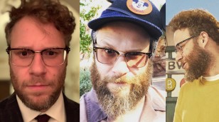 Seth Rogen wearing Tom Ford Half-Rim Optical FT5504 eyeglasses.