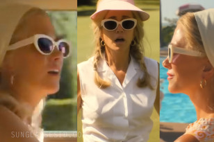Kristen Wiig wears white cat-eye sunglasses in the series Palm Royale.